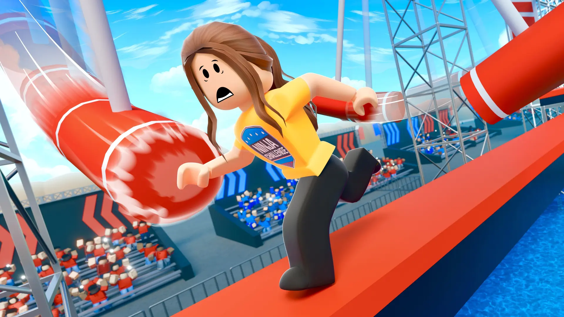 Ninja Challenge player dodging spinning red obstacles on stage two